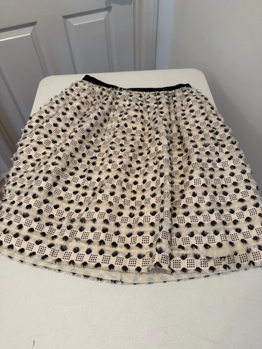 Light Cream Black Textured A-Line Frilly Glam Dramatic Edgy Autumn Girly Skirt 8